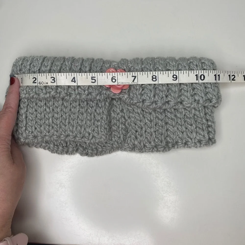 Handmade Knit Neck‎ Warmer Cowl Collar Gray Sparkle Pink Rose Accent Cottagecore